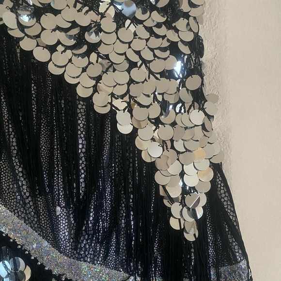 Assymetric Full Flounce Plisse Dance Midi Skirt Chiffon Faux Coins Gothic (M) - Picture 4 of 10